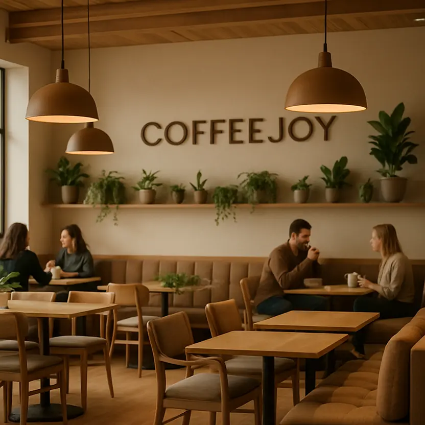 A wide view of the CoffeeJoy interior — wooden furniture, soft cushions, warm pendant lights, and green plants on shelves. A few people in the background enjoying coffee, blurred slightly to focus on the space. Overall mood: warm, welcoming, and design-conscious.