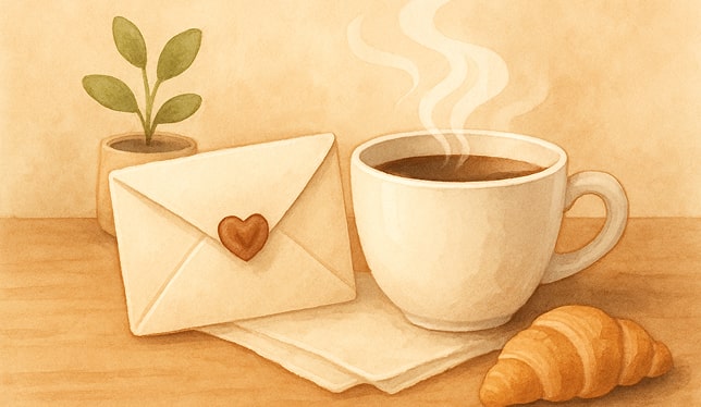 cup of coffee envelope and croissant